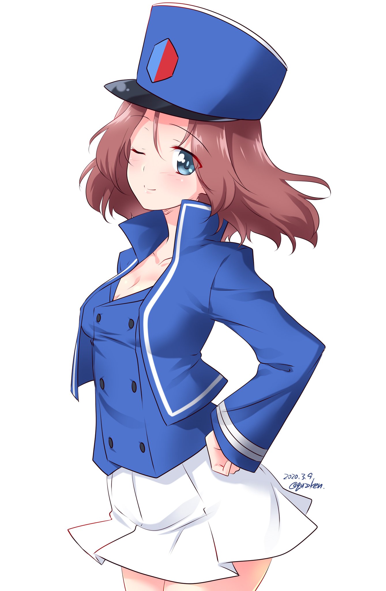 1girl ;) azumi_(girls_und_panzer) bc_freedom_military_uniform blue_eyes blue_headwear blue_jacket blue_vest brown_hair closed_mouth commentary cowboy_shot dated emblem girls_und_panzer hand_on_hip hat highres jacket kepi kuzuryuu_kennosuke light_blush long_sleeves looking_at_viewer military military_hat military_uniform miniskirt no_shirt one_eye_closed pleated_skirt school_connection short_hair simple_background skirt smile solo standing twitter_username uniform vest white_background white_skirt wind