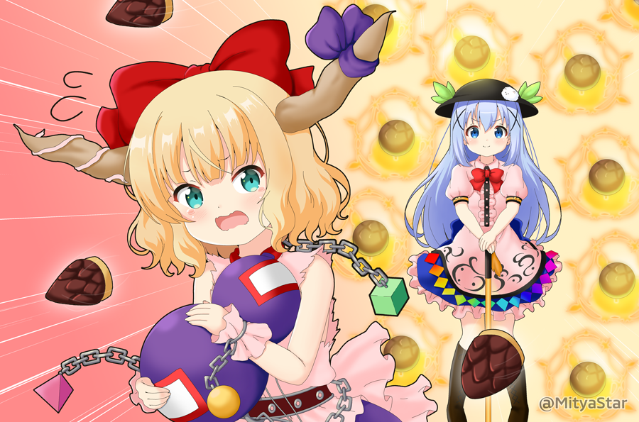 &gt;:) 2girls black_footwear black_headwear blonde_hair blue_eyes blue_hair blue_skirt blush boots bow center_frills chain closed_mouth collared_dress commentary_request cosplay cube dress flying_sweatdrops frilled_skirt frills gochuumon_wa_usagi_desu_ka? gourd hair_bow hair_ornament hands_on_hilt hat hat_ornament hinanawi_tenshi hinanawi_tenshi_(cosplay) horn_bow horns ibuki_suika ibuki_suika_(cosplay) kafuu_chino kirima_sharo knee_boots long_hair looking_at_viewer miicha multiple_girls open_mouth pink_dress pink_shirt puffy_short_sleeves puffy_sleeves purple_bow red_bow shirt short_sleeves skirt sleeveless sleeveless_shirt smile sword_of_hisou takenoko_no_sato_(food) touhou twitter_username very_long_hair wavy_mouth wrist_cuffs x_hair_ornament