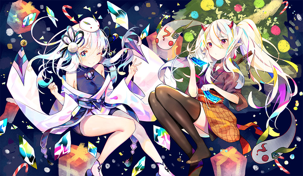2girls bangs bare_shoulders black_legwear blue_eyes box breasts brown_kimono brown_skirt candy candy_cane character_request christmas christmas_tree crystal detached_sleeves duel_monster eyebrows_visible_through_hair food ghost_ogre_&amp;_snow_rabbit gift gift_box hair_between_eyes holding horns japanese_clothes kimono long_hair long_sleeves mao_ge medium_breasts multiple_girls no_shoes obi ofuda oni oni_horns red_eyes sash short_sleeves silver_hair skirt sleeveless snow_bunny socks spirit thigh-highs twintails very_long_hair white_hair white_legwear white_sleeves wide_sleeves yuu-gi-ou