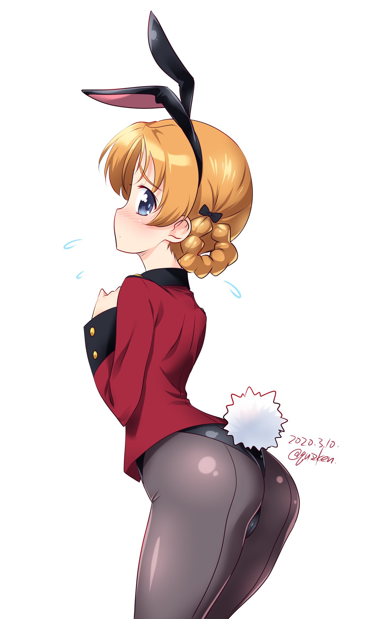 1girl alternate_costume animal_ears ass bangs black_bow black_legwear black_leotard blue_eyes blush bow braid bunny_tail bunnysuit closed_mouth commentary cowboy_shot dated embarrassed fake_animal_ears fake_tail flying_sweatdrops from_behind girls_und_panzer hair_bow highres jacket kuzuryuu_kennosuke leotard looking_at_viewer looking_back military military_uniform orange_hair orange_pekoe_(girls_und_panzer) pantyhose parted_bangs rabbit_ears red_jacket short_hair simple_background solo st._gloriana's_military_uniform standing tail tied_hair twitter_username uniform white_background