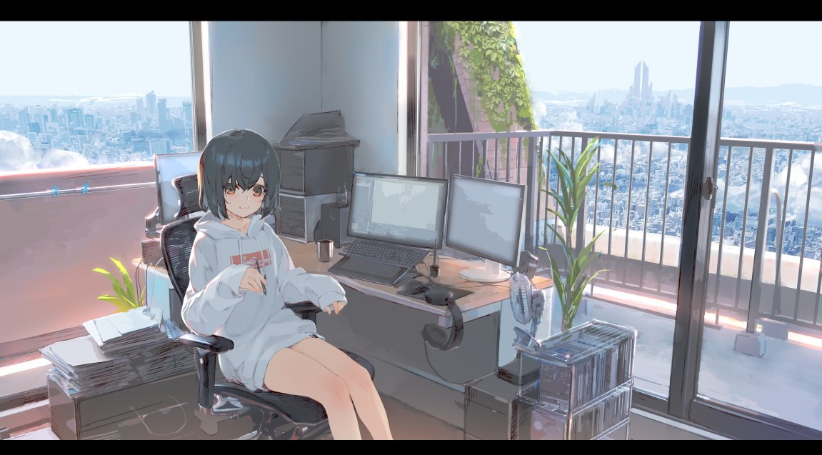 1girl :3 balcony black_hair blush brown_eyes building chair city cityscape closed_mouth clouds computer computer_tower desk drawing_tablet fan file_cabinet foliage glass_door headphones holding holding_pen indoors izumi_sai keyboard_(computer) legs letterboxed long_sleeves looking_at_viewer monitor mountainous_horizon no_pants office_chair original paper paper_stack pen plant potted_plant scenery short_hair sky skyscraper smile solo white_hoodie