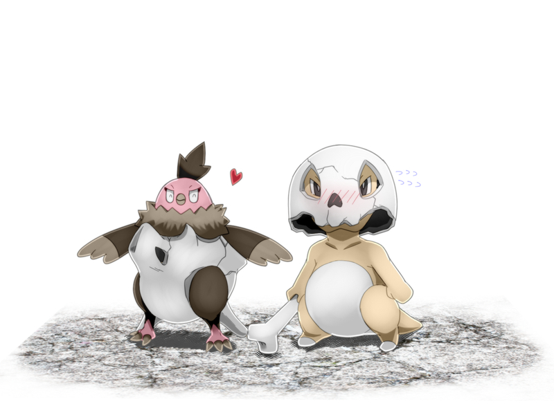 ^_^ bird black_eyes blush bone claws closed_eyes commentary_request creature cubone facing_viewer gen_1_pokemon gen_5_pokemon heart holding holding_bone keckle looking_at_viewer no_humans pokemon pokemon_(creature) simple_background standing vullaby white_background