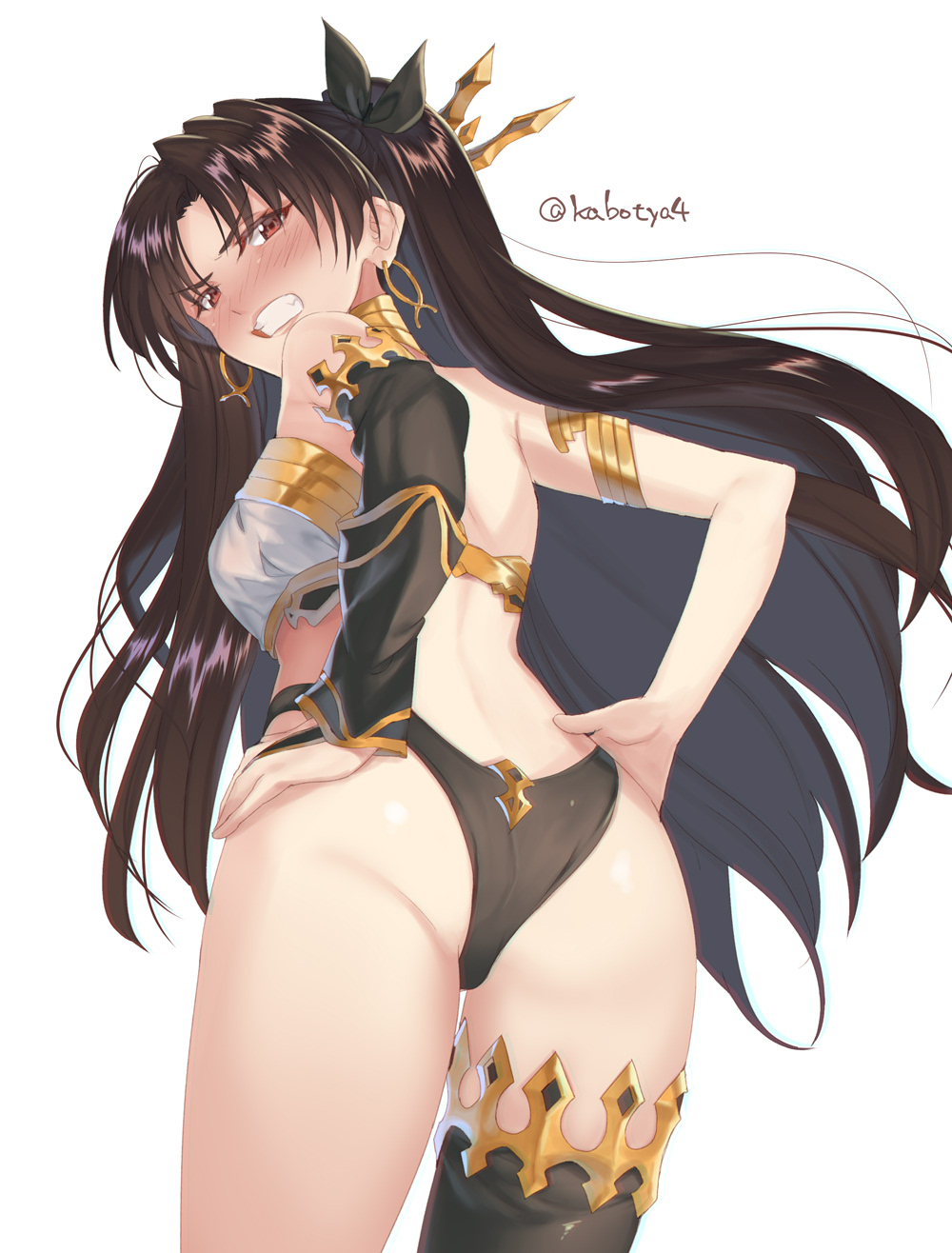 1girl angry armlet ass asymmetrical_legwear asymmetrical_sleeves back bangs black_bow black_hair black_legwear black_panties blush bow crown detached_sleeves earrings elbow_gloves fate/grand_order fate_(series) gloves gold_trim hair_bow hands_on_hips highres hoop_earrings ishtar_(fate)_(all) ishtar_(fate/grand_order) jewelry kabocha_(monkey4) looking_at_viewer looking_back neck_ring panties parted_bangs red_eyes signature simple_background single_detached_sleeve single_elbow_glove single_sleeve single_thighhigh solo teeth thigh-highs tiara two_side_up underwear white_background