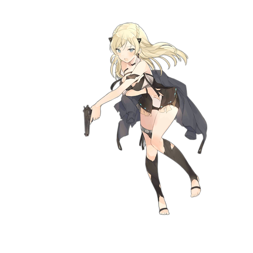 1girl bangs bare_shoulders barefoot black_legwear blonde_hair blush braid coat eyebrows_visible_through_hair french_braid full_body girls_frontline grey_eyes gun hair_ornament handgun holding holding_gun holding_weapon k5_(girls_frontline) long_hair looking_at_viewer lpip official_art open_clothes open_coat open_mouth pistol solo thigh-highs toeless_legwear torn_clothes transparent_background weapon