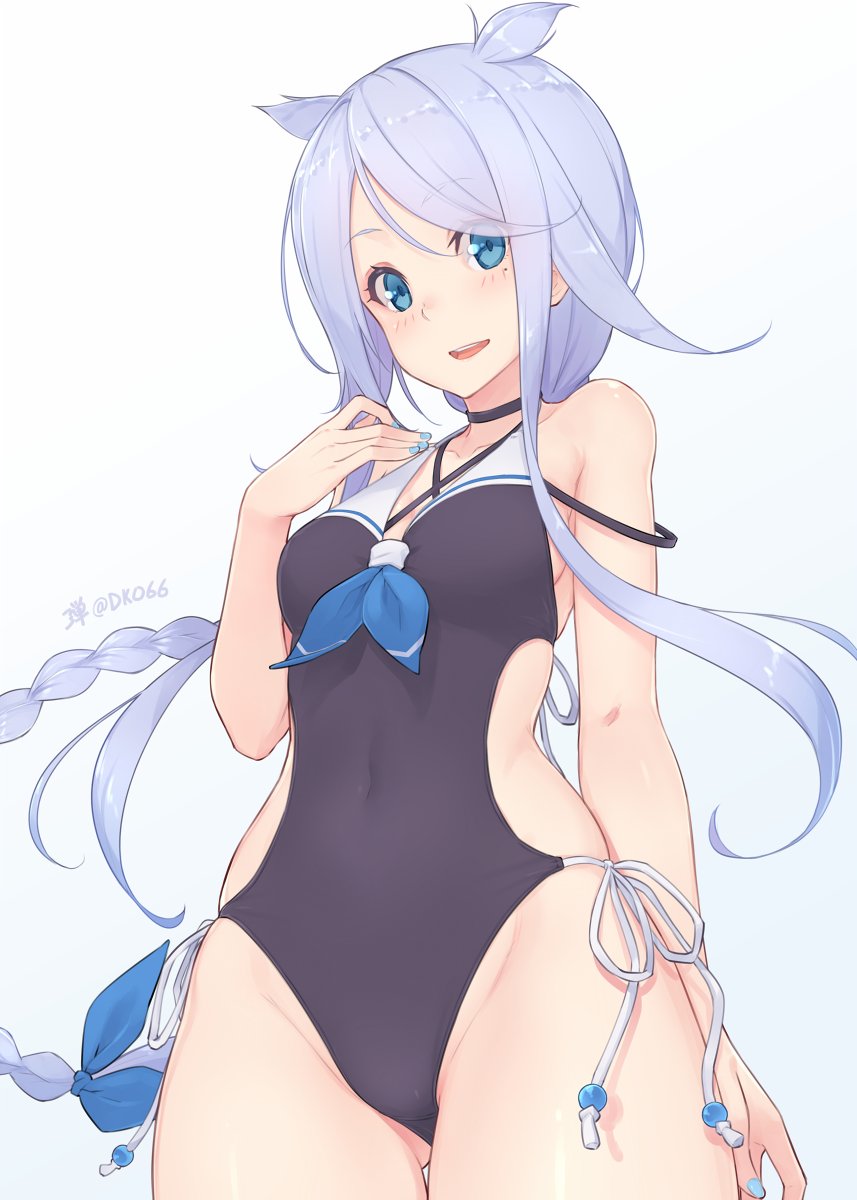 1girl :d bare_arms bare_shoulders black_choker black_swimsuit blue_eyes blue_nails blush braid breasts choker collarbone covered_navel cowboy_shot dan_(kumadan) hair_flaps hand_up highres kantai_collection long_hair looking_at_viewer one-piece_swimsuit open_mouth remodel_(kantai_collection) sidelocks silver_hair single_braid small_breasts smile solo standing swimsuit umikaze_(kantai_collection) very_long_hair