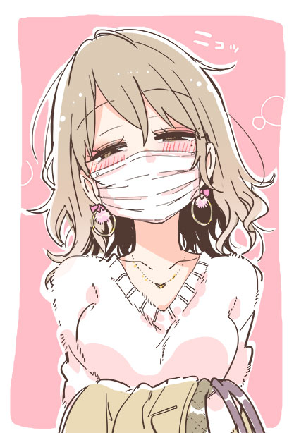 1girl bag blush breasts brown_hair coat coat_removed collarbone earrings eyebrows_visible_through_hair half-closed_eyes holding_clothes jewelry long_hair looking_at_viewer mask mole mole_under_eye mouth_mask original pendant pink_background portrait sodapop_(iemaki) solo surgical_mask sweater wavy_hair white_sweater