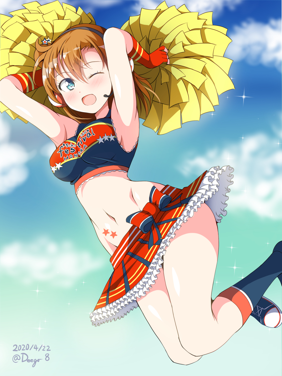 1girl ;d armpits arms_behind_head bangs bare_shoulders bare_thighs blue_eyes blue_footwear blue_legwear blue_shirt blue_sky blush bow_skirt breasts brown_hair character_name cheerleader clothes_writing clouds commentary_request crop_top dated deego_(omochi_bazooka) elbow_gloves eyebrows_visible_through_hair fingerless_gloves frilled_skirt frills full_body gloves groin hair_between_eyes headset highres holding_pom_poms jumping kneehighs kousaka_honoka light_particles looking_at_viewer love_live! love_live!_school_idol_project medium_breasts midriff miniskirt navel one_eye_closed one_side_up open_mouth orange_hair pom_poms red_gloves red_skirt shirt shoes short_hair sidelocks skirt sky sleeveless sleeveless_shirt smile sneakers solo star striped striped_gloves takaramonozu twitter_username