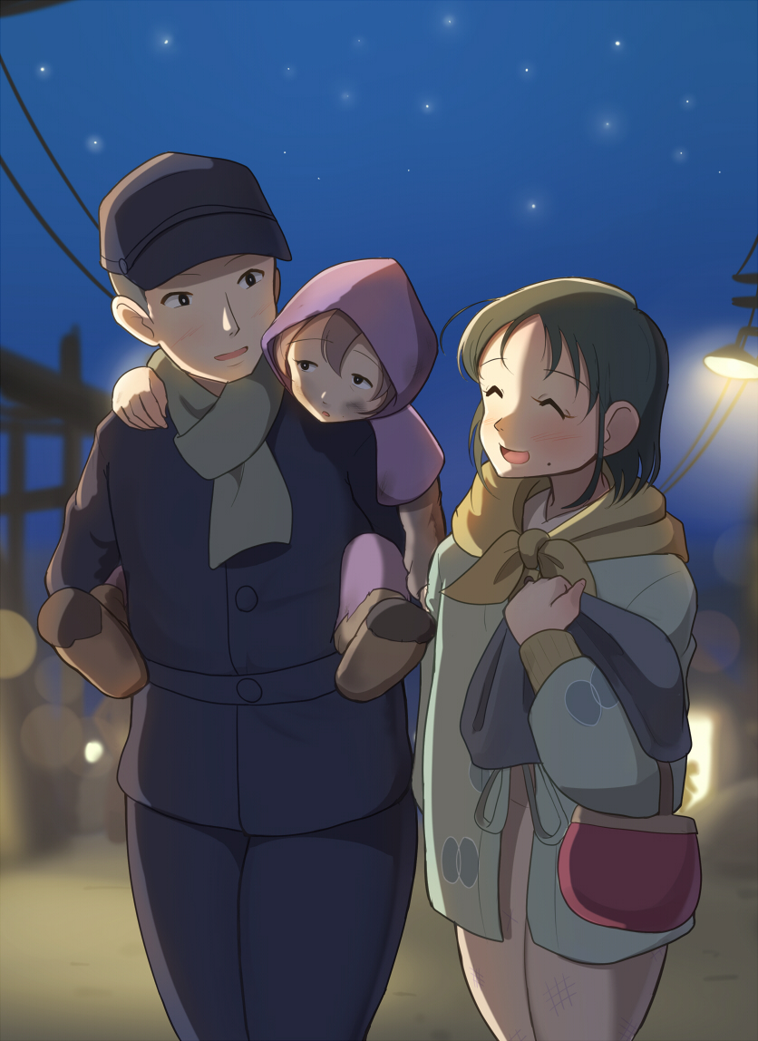 1boy 2girls black_hair buzz_cut carrying character_request child closed_eyes commentary dirty_face hat hood hood_up kono_sekai_no_katasumi_ni maku_ro mole mole_under_mouth multiple_girls night night_sky piggyback scarf short_hair sky