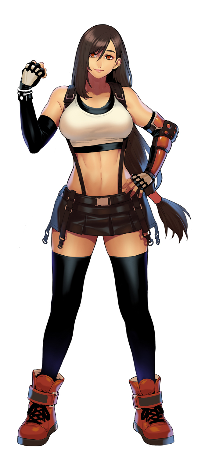 1girl bangs bare_shoulders belt black_belt black_hair black_legwear black_skirt black_sports_bra boots breasts brown_eyes brown_footwear collarbone commentary_request elbow_gloves eyebrows_behind_hair final_fantasy final_fantasy_vii final_fantasy_vii_remake fingerless_gloves full_body gauntlets gloves groin hair_between_eyes hand_on_hip hand_up highres korean_commentary large_breasts long_hair looking_at_viewer low-tied_long_hair midriff miniskirt navel pleated_skirt psychicjin shirt sidelocks simple_background single_gauntlet skirt smile snap-fit_buckle solo standing suspender_skirt suspenders tank_top taut_clothes taut_shirt thigh-highs tifa_lockhart white_background white_tank_top zettai_ryouiki