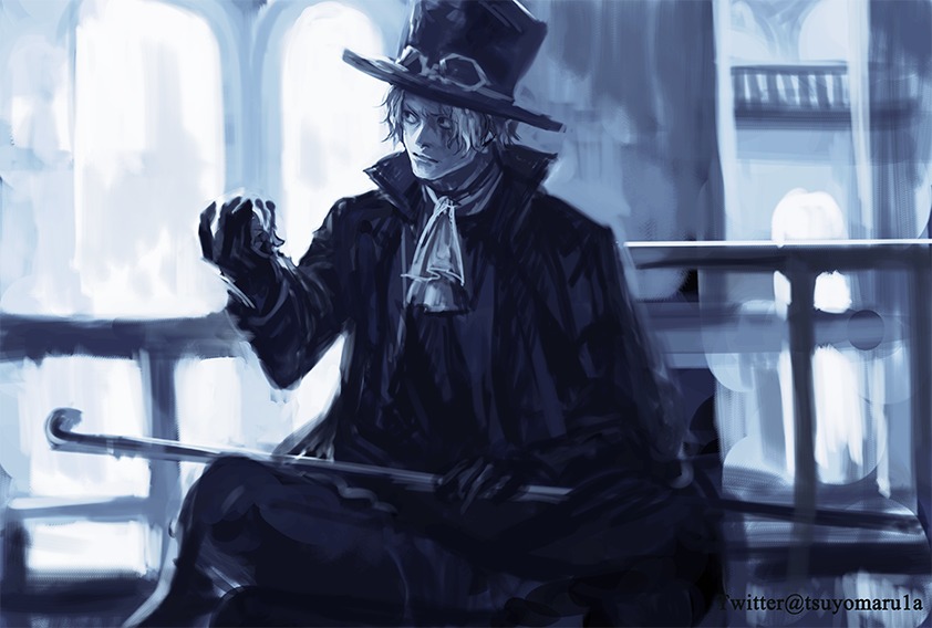 1boy arch artist_name ascot closed_mouth collar den_den_mushi goggles goggles_on_headwear hat holding holding_weapon indoors long_sleeves looking_to_the_side male_focus monochrome one_piece railing sabo_(one_piece) scar short_hair sitting snail solo top_hat tsuyomaru weapon