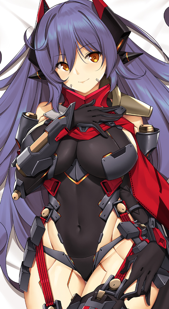 1girl android bare_shoulders blush breasts closed_mouth commentary commission covered_navel dakimakura dual_persona elbow_gloves english_commentary eyebrows_visible_through_hair gloves hana_(xenoblade) hana_jd hand_on_own_chest large_breasts long_hair looking_at_viewer lying multiple_persona navel open_mouth orange_eyes purple_hair smile thigh-highs thighs tony_guisado very_long_hair xenoblade_(series) xenoblade_2