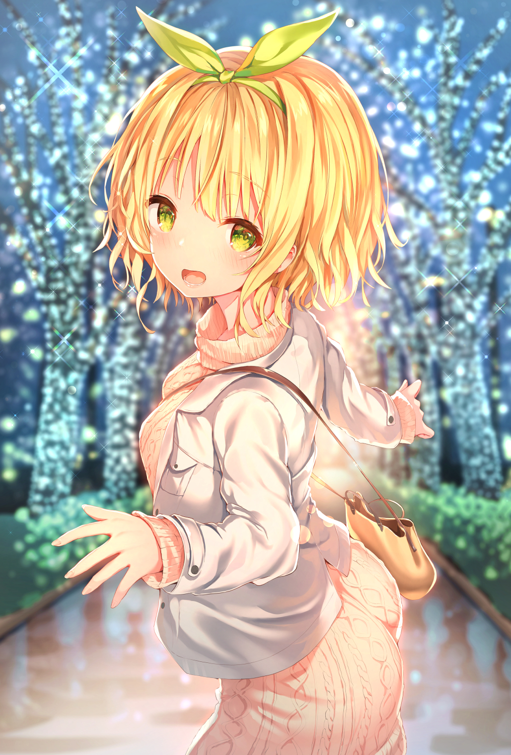 1girl :d aran_sweater ass bag bangs blonde_hair blurry blurry_background blush breasts brown_dress commentary_request depth_of_field dress eyebrows_visible_through_hair green_eyes green_ribbon grey_jacket hair_ribbon highres jacket kawaikereba_hentai_demo_suki_ni_natte_kuremasu_ka? koga_yuika long_sleeves looking_at_viewer looking_to_the_side open_clothes open_jacket open_mouth ribbon shoulder_bag sleeves_past_wrists small_breasts smile solo sune_(mugendai) sweater sweater_dress turtleneck turtleneck_sweater