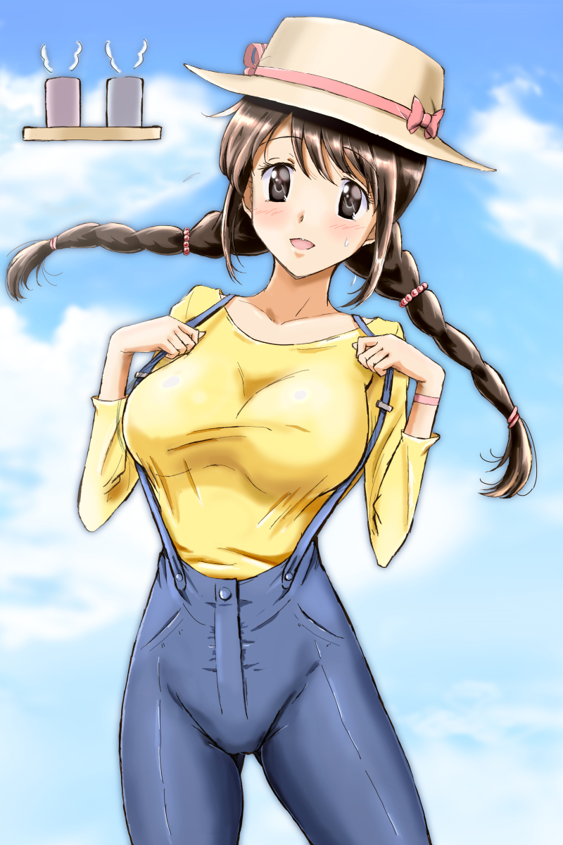 1girl :d alternate_costume alternate_hairstyle black_eyes blush braid breasts brown_hair cowboy_shot cup denim hat highres jeans kinfuji large_breasts long_hair looking_at_viewer open_mouth original pants shirt smile solo suspenders touge_chayako tray twin_braids yellow_shirt yunomi