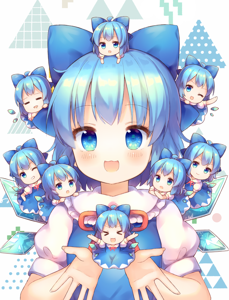 &gt;_&lt; 6+girls :3 :d ;d =_= ahoge blue_bow blue_dress blue_eyes blue_hair bow chibi chibi_on_head chibi_on_shoulder cirno closed_eyes collared_shirt commentary_request dress drooling eyebrows_visible_through_hair facing_viewer frilled_shirt_collar frills grin hair_bow ice ice_wings looking_at_viewer minigirl mouth_drool multiple_girls multiple_persona neck_ribbon on_head on_shoulder one_eye_closed open_mouth person_on_head pjrmhm_coa puffy_short_sleeves puffy_sleeves red_ribbon ribbon shirt short_hair short_sleeves sleeping sleeveless sleeveless_dress smile touhou triangle white_background white_shirt white_sleeves wings xd