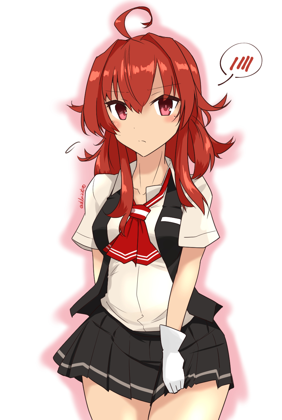 1girl ahoge arashi_(kantai_collection) artist_name black_skirt black_vest commentary_request cowboy_shot dress_shirt gloves highres kantai_collection looking_at_viewer medium_hair neckerchief pleated_skirt red_eyes red_neckwear redhead school_uniform shiba_(zudha) shirt short_hair simple_background skirt solo spoken_blush standing vest white_background white_gloves white_shirt