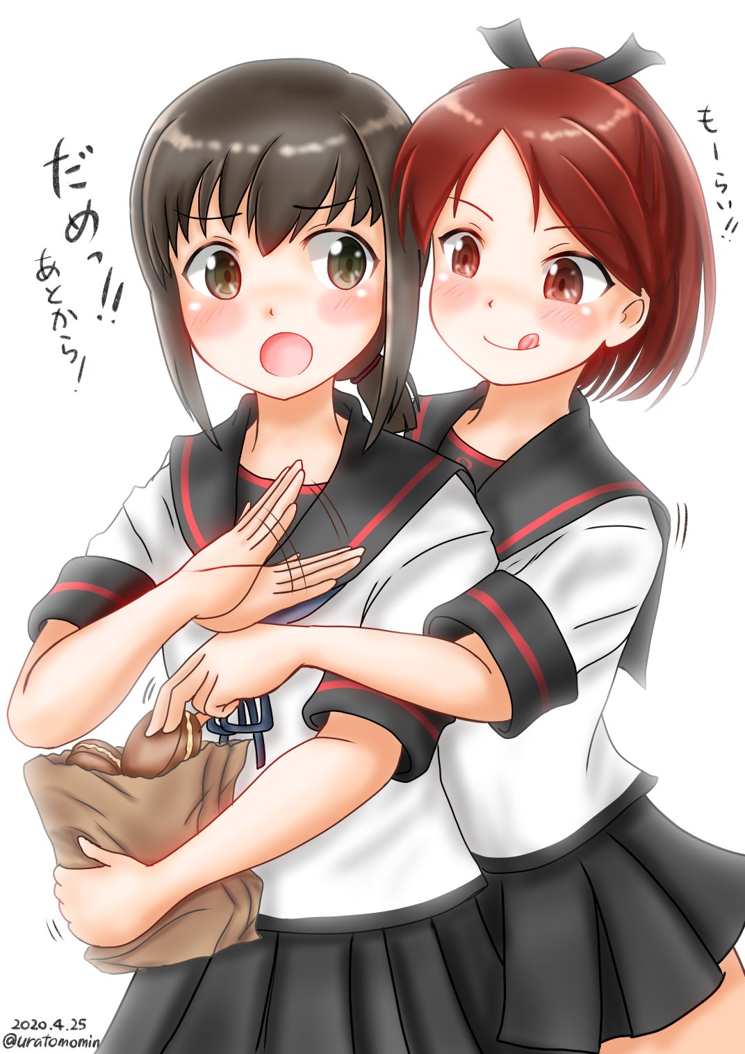 2girls afterimage bag black_hair black_sailor_collar black_skirt bread brown_eyes brown_hair commentary_request cowboy_shot dated food food_theft fubuki_(kantai_collection) highres kantai_collection long_hair low_ponytail multiple_girls paper_bag pleated_skirt ponytail remodel_(kantai_collection) sailor_collar school_uniform serafuku shikinami_(kantai_collection) short_hair short_ponytail sidelocks simple_background skirt tongue tongue_out twitter_username uratomomin white_background