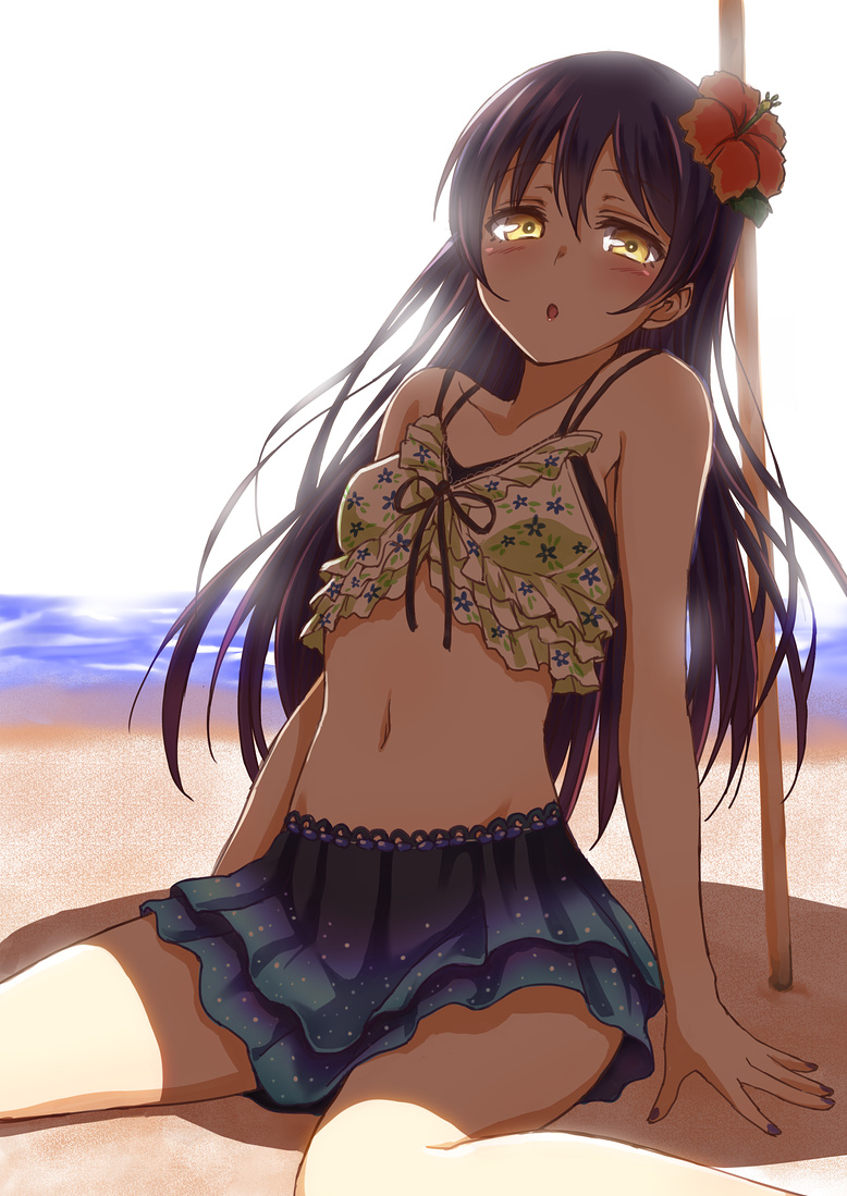 1girl bangs beach bikini blue_hair blush commentary_request flower frilled_bikini frills hair_flower hair_ornament hibiscus kyuusenbinore_(gavion) long_hair looking_at_viewer love_live! love_live!_school_idol_festival love_live!_school_idol_project midriff navel open_mouth sand sitting solo sonoda_umi swimsuit wariza yellow_eyes