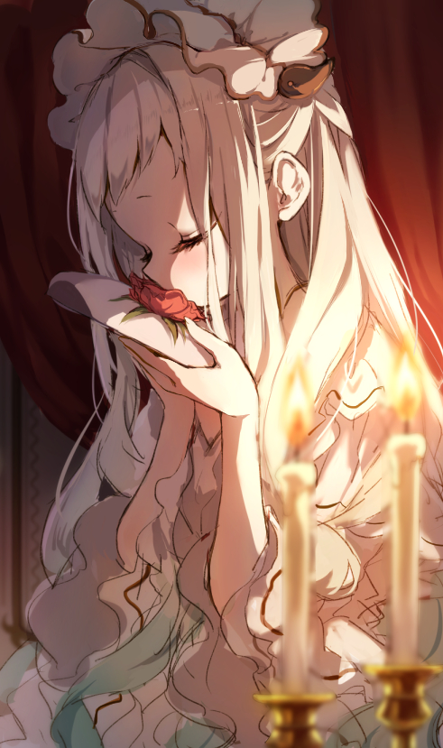 1girl bangs blurry blush candle candlelight candlestand closed_eyes curtains depth_of_field dress eyelashes fire flower half_updo holding jibaku_shounen_hanako-kun long_hair magatama magatama_hair_ornament object_kiss piyokichi puffy_sleeves red_flower sketch sleeves_past_elbows solo upper_body wide_sleeves yashiro_nene