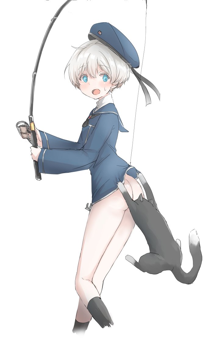 1girl 1other ass assisted_exposure black_legwear blue_eyes blue_headwear cat clothes_writing commentary_request dress feet_out_of_frame fishing_line hat kantai_collection karin_bluez3 kneehighs no_panties sailor_collar sailor_dress sailor_hat short_hair silver_hair simple_background unsinkable_sam white_background z1_leberecht_maass_(kantai_collection)