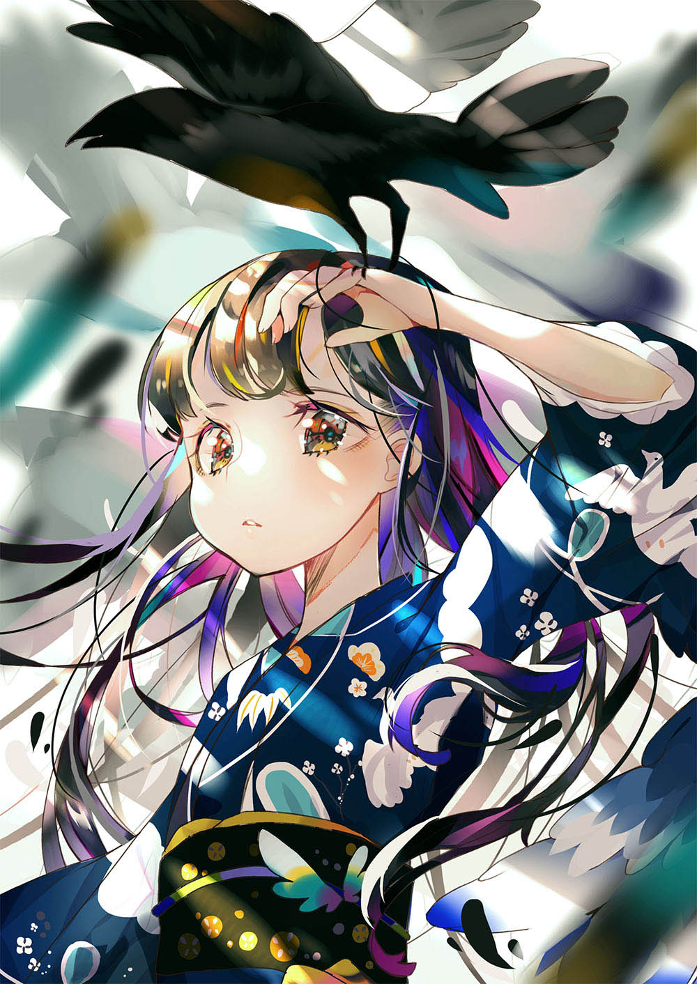 1girl animal animal_on_hand bangs bird bird_on_hand black_feathers black_hair black_kimono brown_eyes commentary crow feathers highres japanese_clothes kimono long_hair long_sleeves looking_at_viewer mao_ge multicolored_hair obi original parted_lips pink_hair print_kimono purple_hair romaji_commentary sash solo upper_body very_long_hair wide_sleeves