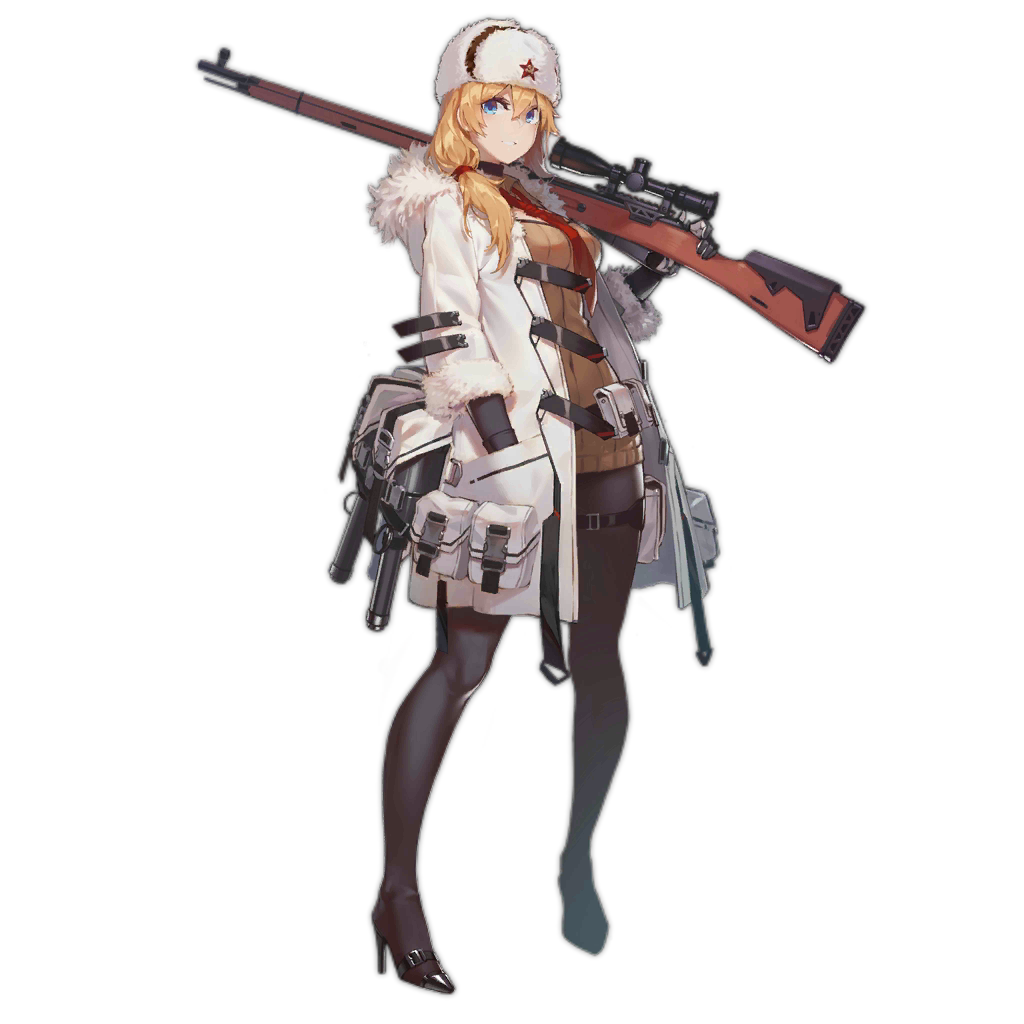 1girl alternate_costume bad_link blonde_hair blue_eyes bolt_action boots dress fangdan_runiu girls_frontline gloves gun hat high_heels long_hair mod3_(girls_frontline) mosin-nagant mosin-nagant_(girls_frontline) official_art over_shoulder pantyhose red_star rifle side_ponytail sniper_rifle thigh-highs thigh_boots thigh_strap transparent_background weapon weapon_over_shoulder white_dress white_headwear