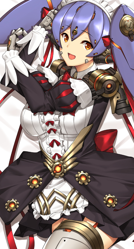 1girl android bare_shoulders blush breasts commentary commission dakimakura dual_persona elbow_gloves english_commentary eyebrows_visible_through_hair gloves hana_(xenoblade) hana_jk large_breasts long_hair looking_at_viewer lying maid maid_headdress open_mouth orange_eyes purple_hair smile solo thigh-highs thighs tony_guisado xenoblade_(series) xenoblade_2