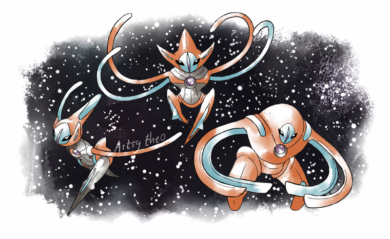 artsy-theo commentary creature deoxys deoxys_(attack) deoxys_(defense) english_commentary full_body gen_3_pokemon looking_at_viewer no_humans pokemon pokemon_(creature) signature simple_background space star_(sky) white_background