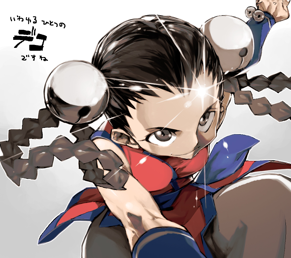1girl bell black_hair black_legwear braid china_dress chinese_clothes dress fatal_fury fighting_stance forehead grey_eyes hair_bell hair_ornament hair_rings jingle_bell lens_flare li_xiangfei pantyhose red_dress smile solo the_king_of_fighters twin_braids vambraces ysk!