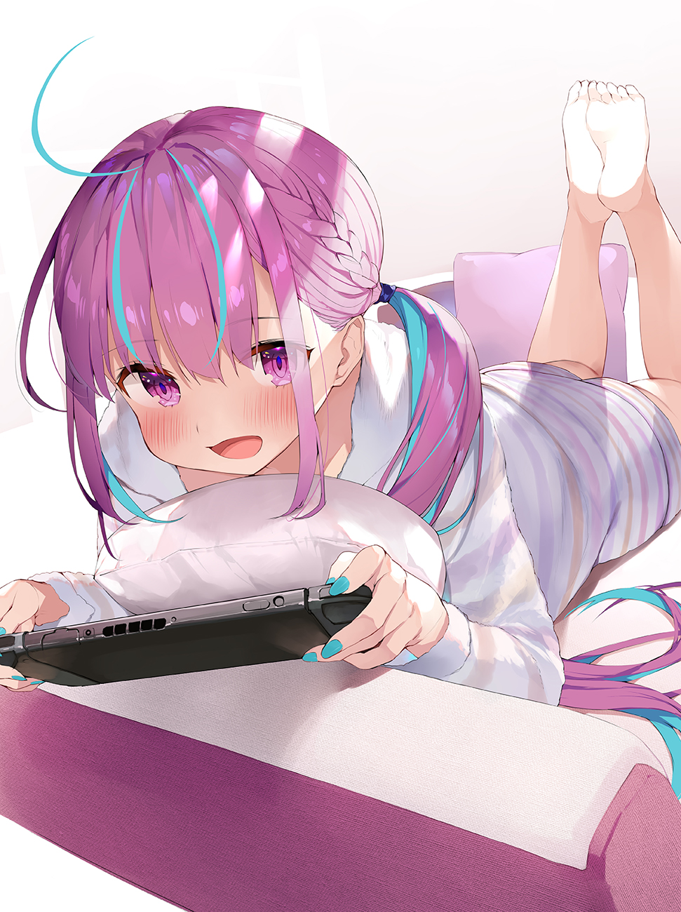 1girl :d ahoge barefoot blush braid couch feet_up highres hololive hood hoodie long_sleeves lying matsui_hiroaki minato_aqua multicolored_hair nail_polish nintendo_switch on_stomach open_mouth pillow purple_hair smile solo twintails two-tone_hair violet_eyes virtual_youtuber
