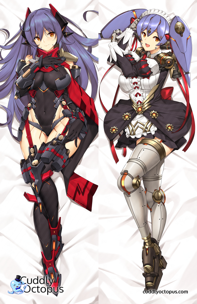 1girl 2girls android bare_shoulders blush breasts closed_mouth commission covered_navel cuddly_octopus dakimakura dual_persona elbow_gloves eyebrows_visible_through_hair gloves hana_(xenoblade) hana_jd hana_jk hand_on_own_chest highres large_breasts long_hair looking_at_viewer lying maid maid_headdress multiple_girls multiple_persona navel nipples open_mouth orange_eyes purple_hair smile tagme thigh-highs thighs tony_guisado very_long_hair xenoblade_(series) xenoblade_2