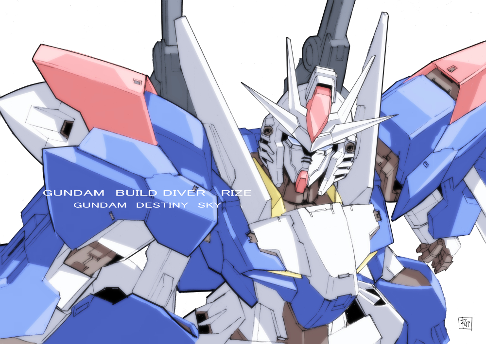 blue_eyes character_name commentary_request copyright_name english_text gn_drive gundam gundam_build_diver_rize gundam_destiny_sky looking_at_viewer mecha no_humans official_art upper_body yanase_takayuki