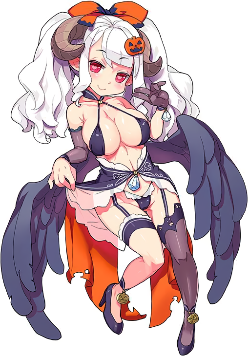 1girl adamas_(brave_sword_x_blaze_soul) artist_request black_footwear black_wings brave_sword_x_blaze_soul breasts demon_girl demon_horns detached_sleeves eyebrows_visible_through_hair feathered_wings food_themed_hair_ornament full_body garter_straps gem gloves hair_ornament heart heart-shaped_pupils high_heels horns large_breasts long_hair official_art pumpkin_hair_ornament red_eyes simple_background single_glove single_thighhigh smile solo symbol-shaped_pupils thigh-highs twintails white_background white_hair wings