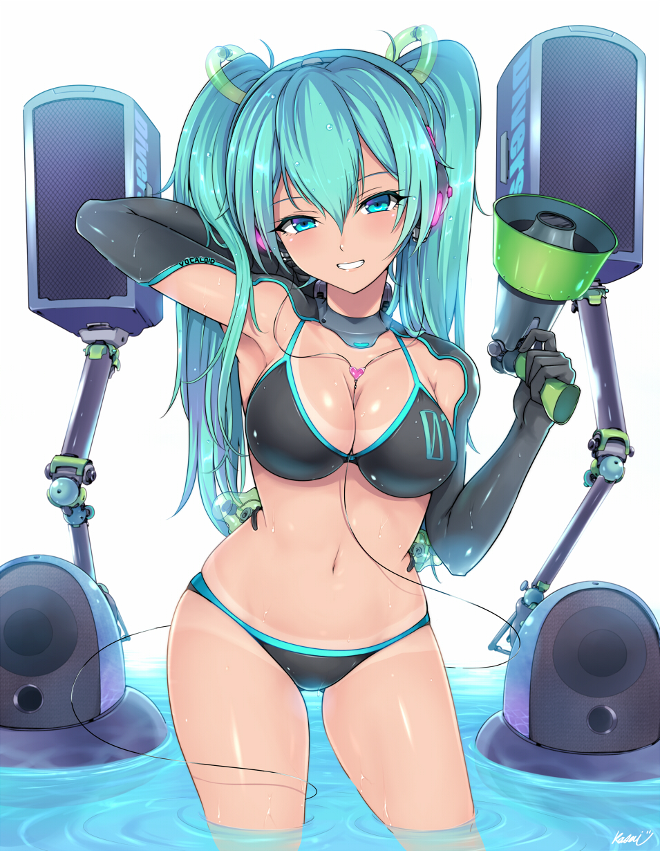 1girl alternate_costume aqua_eyes aqua_hair arm_up armpits ass_visible_through_thighs bangs bikini bikini_tan blush breasts commentary_request eyebrows_visible_through_hair halterneck hatsune_miku headphones headset highres holding_megaphone kasai_shin large_breasts long_hair looking_at_viewer megaphone navel shrug_(clothing) simple_background smile solo speaker string_bikini swimsuit tan tanline twintails very_long_hair vocaloid wading water water_drop wet