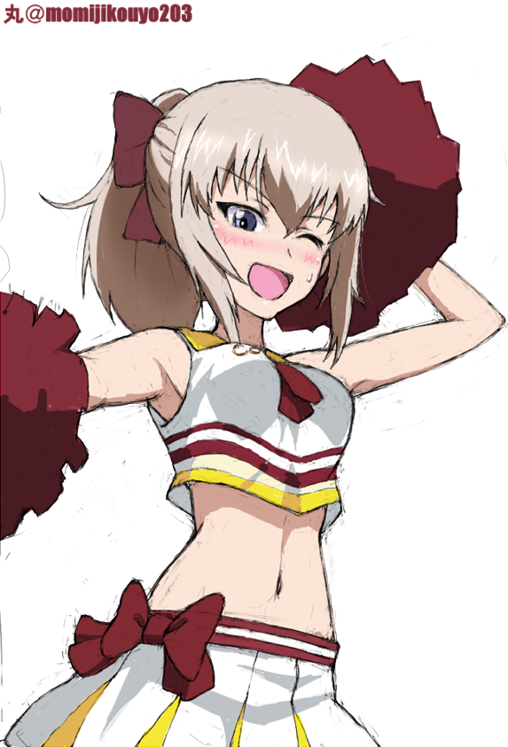 1girl ;d alternate_costume alternate_hairstyle arm_up artist_name bangs blue_eyes blush bow bow_skirt cheerleader coco's commentary girls_und_panzer hair_bow hair_up holding_pom_poms itsumi_erika kayabakoro looking_at_viewer medium_hair midriff miniskirt navel one_eye_closed open_mouth pleated_skirt pom_poms red_bow sailor_collar shirt silver_hair simple_background sketch skirt sleeveless sleeveless_shirt smile solo standing sweatdrop twitter_username white_background white_shirt white_skirt