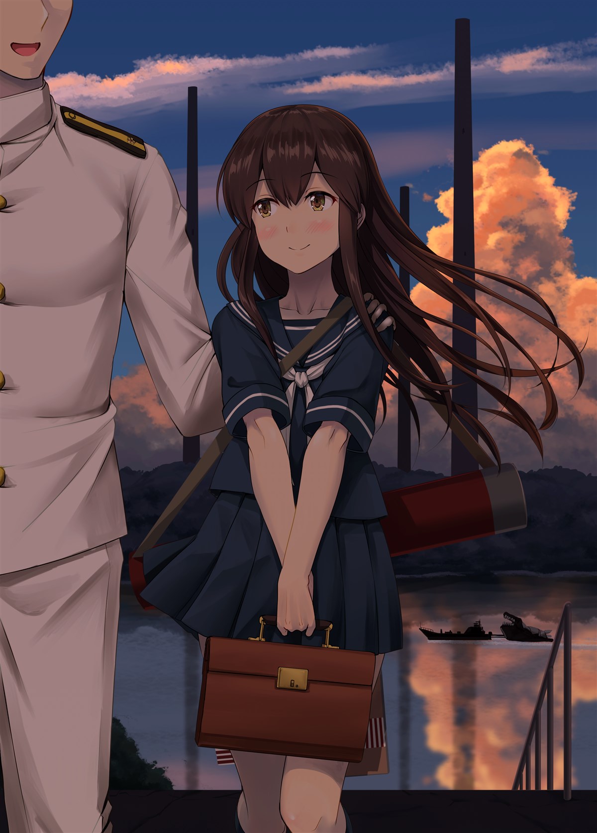 1boy 1girl admiral_(kantai_collection) akagi_(kantai_collection) bag bangs blush boat brown_eyes brown_hair closed_mouth clouds collarbone commentary_request epaulettes eyebrows_visible_through_hair hand_on_another's_shoulder handbag highres i-class_destroyer ichikawa_feesu kantai_collection kneehighs long_hair long_sleeves looking_at_another military military_uniform naval_uniform neckerchief outdoors pleated_skirt reflection sailor_collar school_bag school_uniform serafuku shirt short_sleeves skirt sky smile standing sunset uniform water watercraft white_neckwear younger