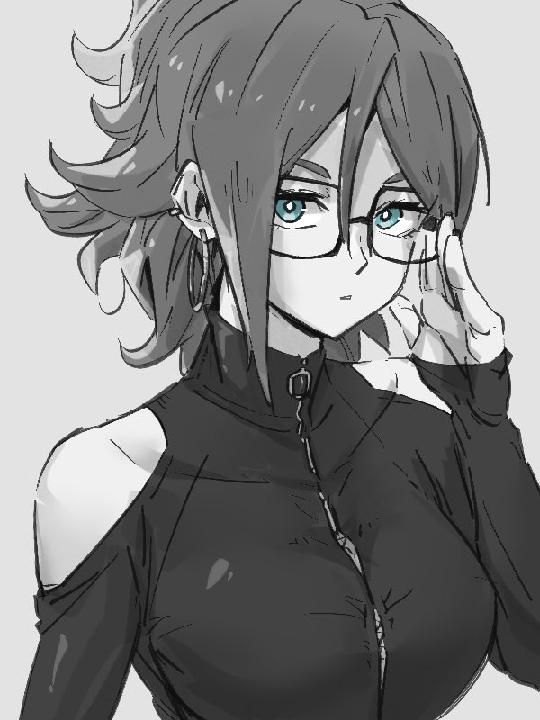 1girl alternate_hairstyle android_21 blue_eyes dragon_ball dragon_ball_fighterz earrings glasses grey_background greyscale hair_between_eyes hand_up hoop_earrings jewelry kemachiku looking_at_viewer monochrome ponytail short_hair simple_background solo upper_body zipper