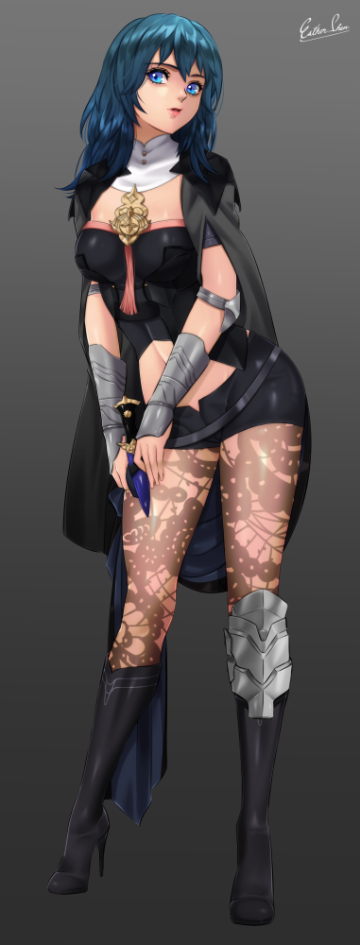 1girl armor armored_dress artist_name black_background black_cloak black_footwear black_legwear black_shorts blue_eyes blue_hair boots breasts byleth_(fire_emblem) byleth_eisner_(female) cloak contrapposto detached_collar english_commentary esther eyelashes fire_emblem fire_emblem:_three_houses full_body hair_between_eyes high_heel_boots high_heels knee_boots knee_guards knife lips long_hair looking_at_viewer medium_breasts midriff navel navel_cutout pantyhose parted_lips short_shorts shorts signature simple_background solo standing sunlight tassel vambraces