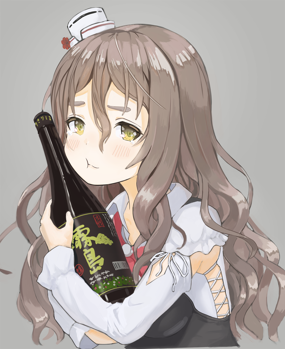 1girl :t alcohol bangs blush bottle breasts brown_hair closed_mouth corset grey_background hair_between_eyes hat holding holding_bottle kakugari003 kantai_collection long_hair long_sleeves mini_hat pola_(kantai_collection) red_neckwear simple_background solo tears thick_eyebrows tilted_headwear upper_body wavy_hair yellow_eyes