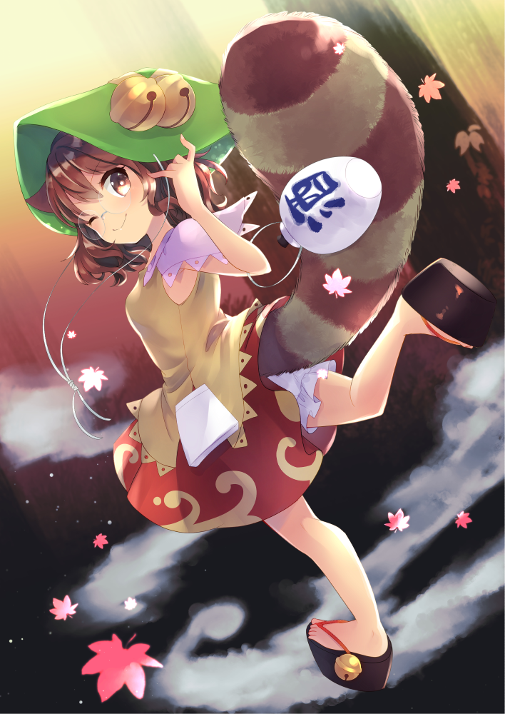 1girl animal_ears bell bloomers bottle brown_skirt from_behind full_body futatsuiwa_mamizou green_headwear jingle_bell leaf leaf_hat leaf_on_head looking_back maple_leaf notepad one_eye_closed platform_footwear raccoon_ears raccoon_tail sake_bottle sen1986 shirt skirt skirt_lift smile solo tail tail_raised touhou underwear