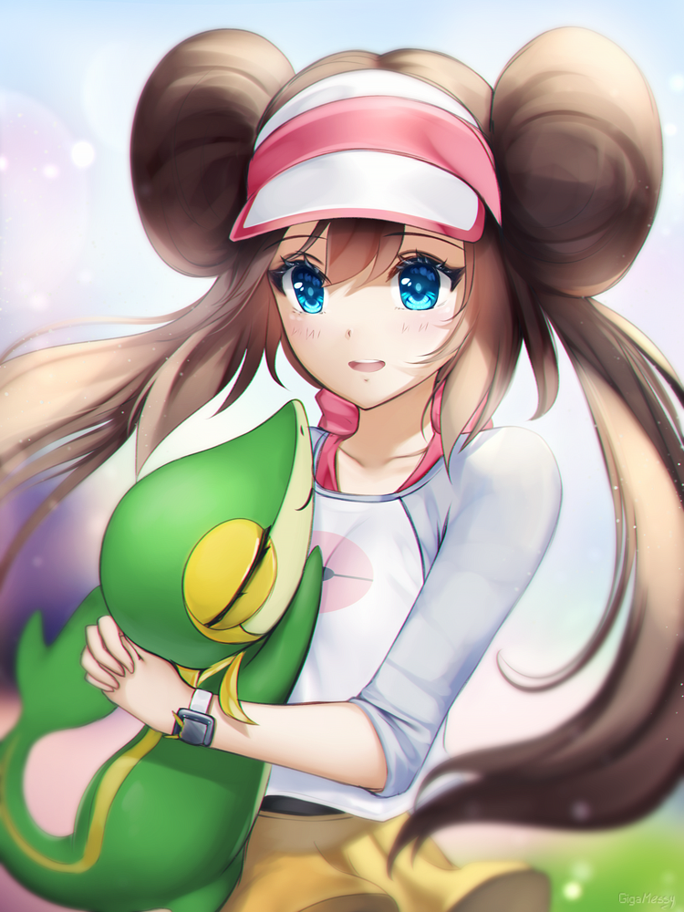 1girl blue_eyes blush brown_hair closed_eyes double_bun gigamessy hair_bun hug long_sleeves low_twintails mei_(pokemon) open_mouth pokemon pokemon_(game) pokemon_bw2 shirt shorts smile snivy solo twintails visor_cap yellow_shorts