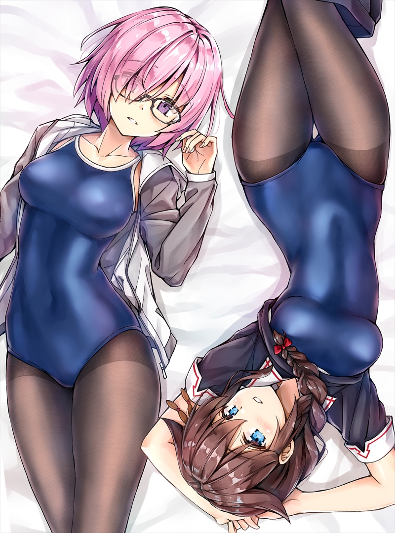 2girls ahoge arms_up ass_visible_through_thighs black_hair black_legwear black_serafuku blue_eyes blue_swimsuit braid commentary_request competition_school_swimsuit cowboy_shot crossed_legs fate/grand_order fate_(series) from_above grey_jacket hair_flaps hair_over_one_eye hair_over_shoulder hood hooded_jacket hoodie jacket kantai_collection kotatsu_(kotatsu358) looking_at_viewer lying mash_kyrielight multiple_girls pantyhose pantyhose_under_swimsuit purple_hair remodel_(kantai_collection) school_swimsuit school_uniform serafuku shigure_(kantai_collection) shirt_lift short_hair single_braid swimsuit thighband_pantyhose violet_eyes