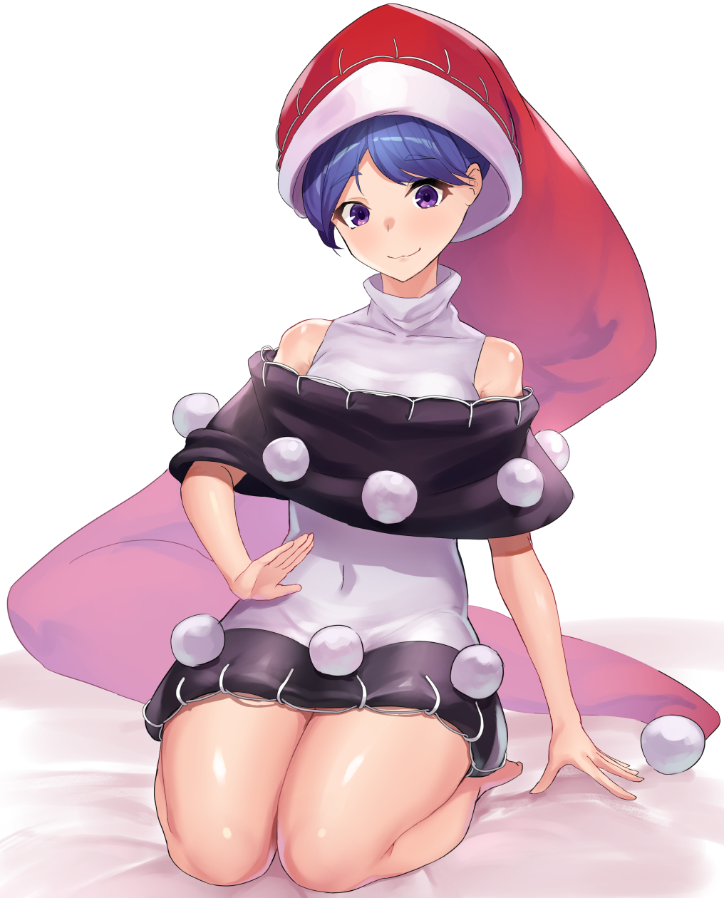 1girl amano_hagoromo arm_support bangs bare_shoulders black_capelet blue_hair capelet commentary_request covered_navel doremy_sweet dress hat highres looking_at_viewer nightcap pom_pom_(clothes) red_headwear seiza short_dress short_hair simple_background sitting smile solo thighs touhou violet_eyes white_background white_dress