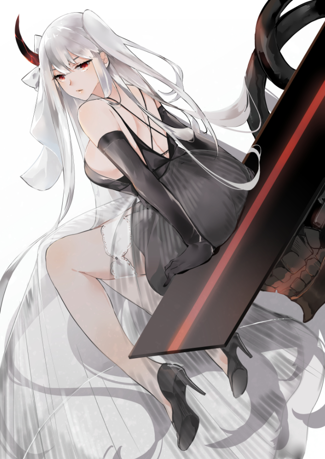 1girl aircraft_carrier_hime back black_dress black_footwear black_gloves demon_horn dress elbow_gloves gloves high_heels horn kantai_collection lips long_hair looking_at_viewer nello_(luminous_darkness) red_eyes shinkaisei-kan shoes silver_hair sitting solo tagme thigh-highs white_background white_hair white_legwear