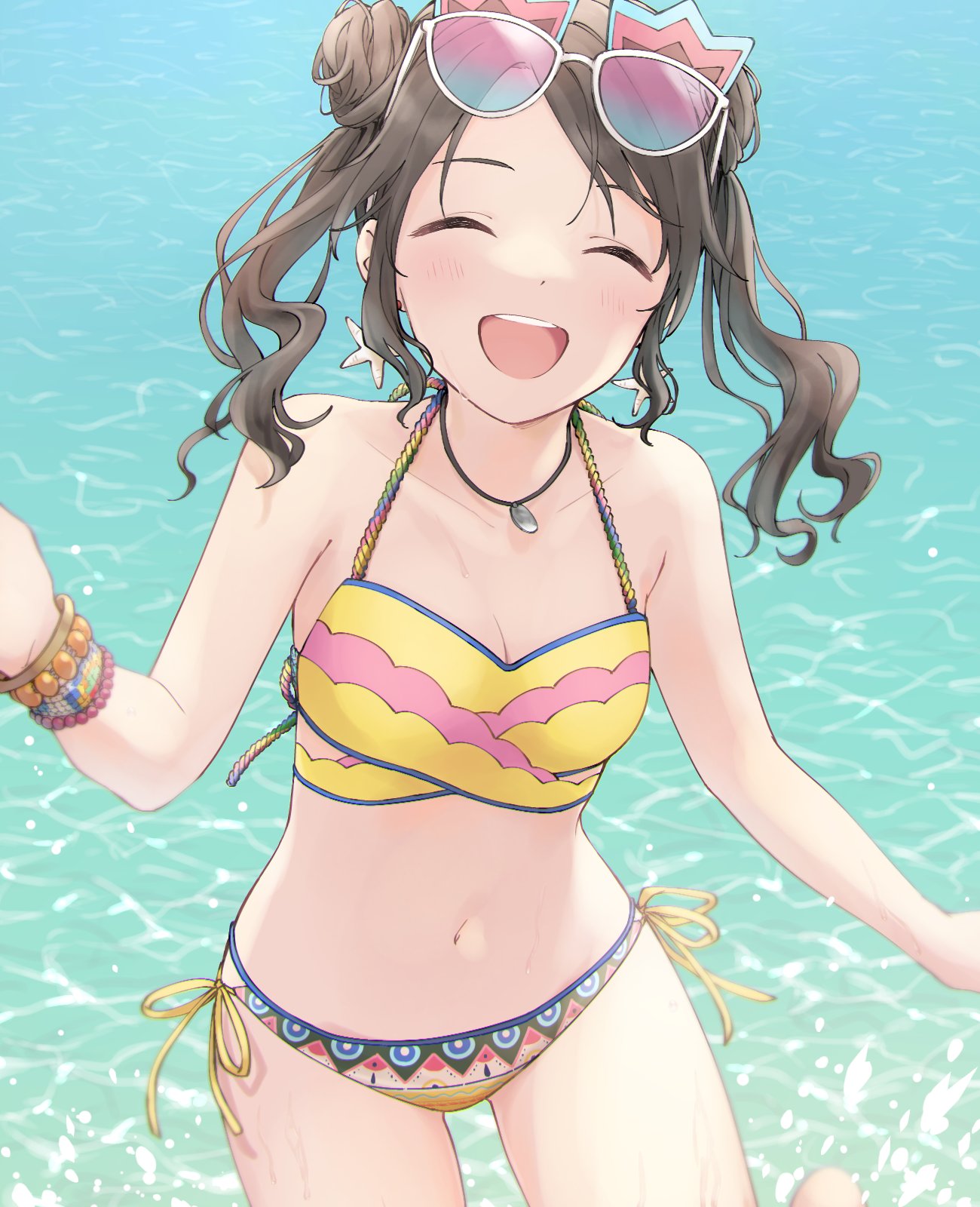 1girl bikini blush bracelet breasts brown_hair check_character closed_eyes day double_bun earrings eyewear_on_head highres idolmaster idolmaster_shiny_colors jewelry long_hair mitsumine_yuika multicolored multicolored_bikini multicolored_clothes necklace open_mouth outdoors pachiko side-tie_bikini sidelocks small_breasts solo star_(symbol) star_earrings sunglasses swimsuit twintails water wet