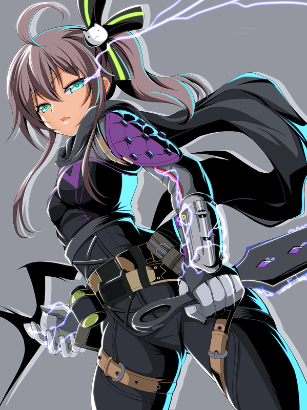 1girl ahoge apex_legends aqua_eyes arm_guards belt belt_pouch brown_hair cat_hair_ornament cosplay electricity hair_ornament hair_ribbon hasa_west hololive kunai natsuiro_matsuri open_mouth pouch ribbon scarf side_ponytail skin_tight solo virtual_youtuber weapon wraith_(apex_legends) wraith_(apex_legends)_(cosplay)