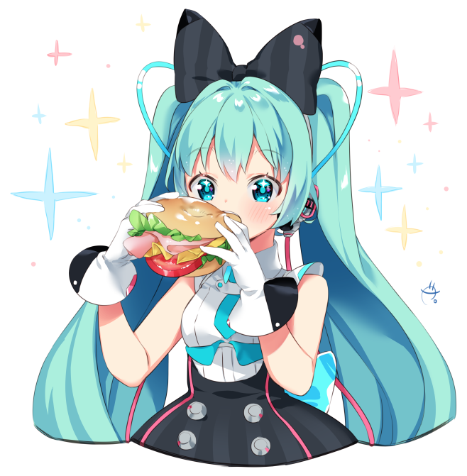 1girl aqua_eyes aqua_hair aqua_neckwear arami_o_8 bagel black_bow black_dress bow cable cheese commentary_request cropped_torso dress eating food gloves hair_bow hair_ornament ham hands_up hatsune_miku headphones holding holding_food hoop_skirt korean_commentary lettuce long_hair magical_mirai_(vocaloid) necktie open_mouth sandwich short_necktie signature sleeveless sleeveless_dress solo sparkle_background tomato twintails very_long_hair vocaloid white_background white_gloves