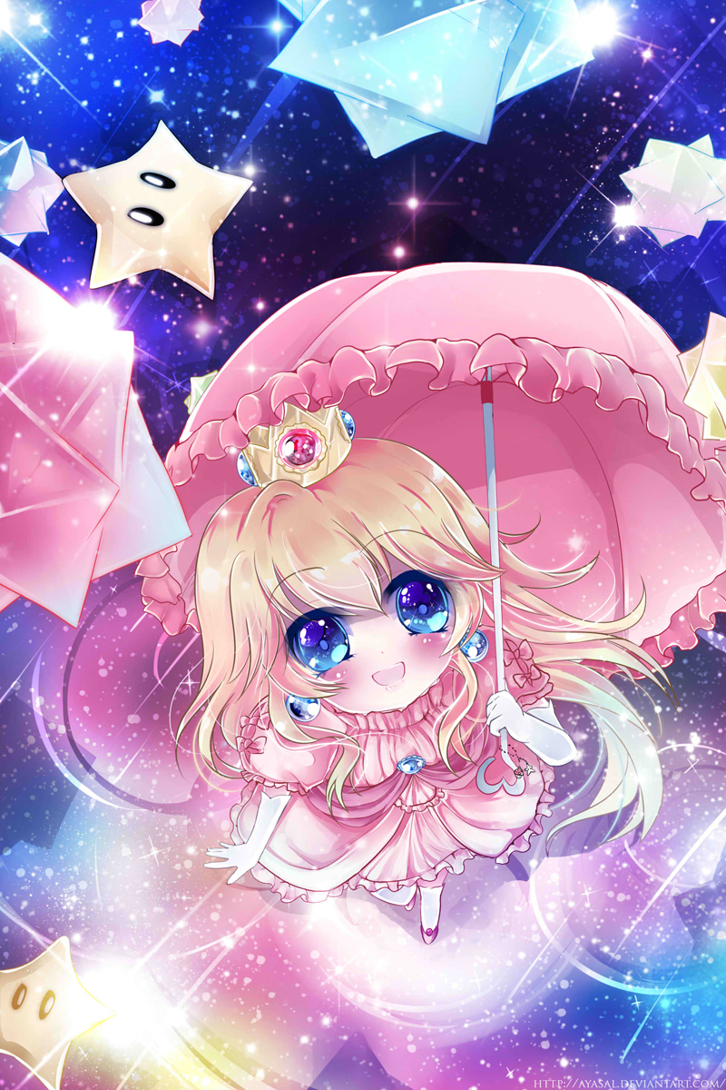 blonde_hair blue_eyes chibi crown highres long_hair super_mario_bros. nhuy_nguyen parasol princess_peach puddle ripples space star starman_(mario) super_mario_galaxy umbrella