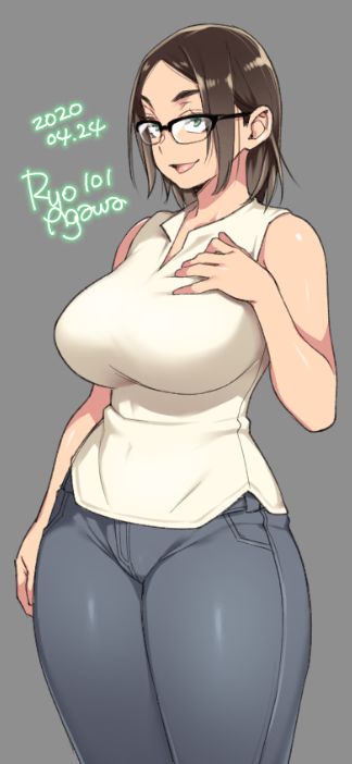 1girl 2020 agawa_ryou artist_name bare_shoulders black-framed_eyewear black_hair blue_eyes breasts commentary curvy dated grey_background large_breasts long_hair original signature simple_background smile solo standing thick_thighs thighs