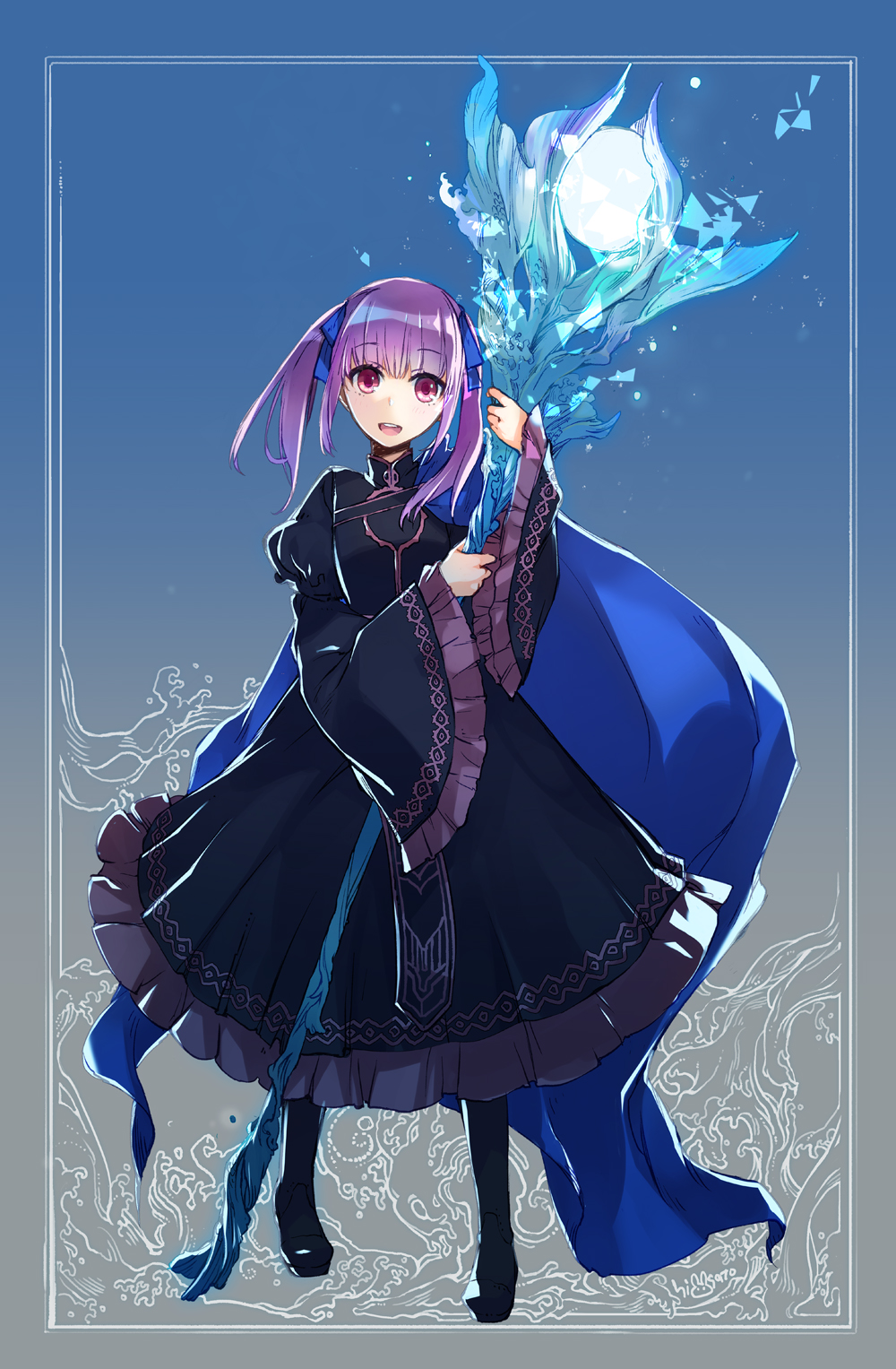 1girl bangs boots dress eyebrows_visible_through_hair frilled_sleeves frills full_body gradient gradient_background hair_ribbon hannelole_(honzuki_no_gekokuji) highres hisato_ar holding holding_staff honzuki_no_gekokujou long_sleeves looking_at_viewer open_mouth puffy_long_sleeves puffy_sleeves purple_hair ribbon short_twintails solo staff thigh-highs thigh_boots twintails violet_eyes wide_sleeves