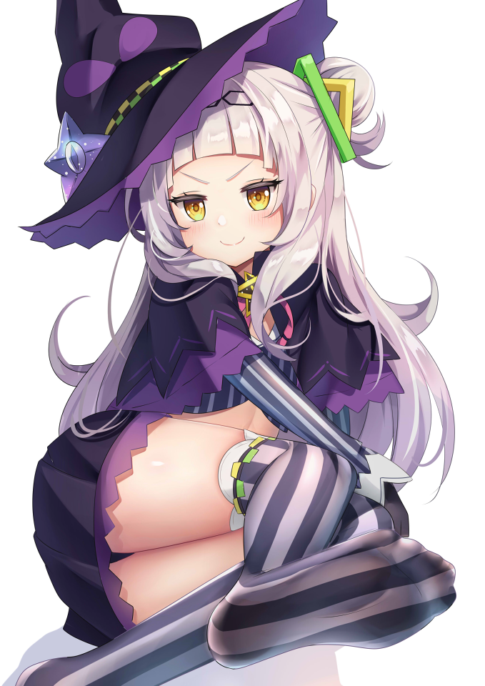 &gt;:) 1girl agung_syaeful_anwar bangs black_capelet black_gloves black_hairband black_headwear black_skirt blush brown_eyes capelet closed_mouth commentary crop_top gloves hair_bun hairband hat hololive long_hair long_sleeves looking_at_viewer murasaki_shion no_shoes pleated_skirt shirt side_bun silver_hair skirt sleeves_past_wrists smile soles solo striped striped_legwear striped_shirt thigh-highs v-shaped_eyebrows vertical-striped_legwear vertical-striped_shirt vertical_stripes very_long_hair virtual_youtuber white_background witch_hat